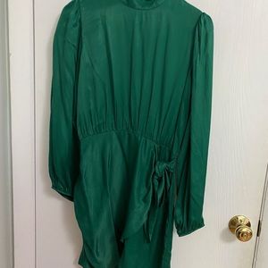 ZARA - Satin Green Long Sleeve High Neck Wrap Dress